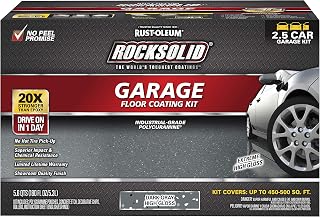 Rust-Oleum RockSolid Garage Floor Coating Kit, Dark Gray, 2.5 Car Kit | Polycuramine coating, No hot tire pickup, Drive on in 36 hours, Includes decorative chips