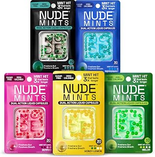 NUDE MINTS | Dual Action Liquid Capsules | Mouth Watering Mint - Lasts 3X Longer - 3X Stronger - Extreme Bad Breath Treatment For Adults - Sugar Free, 0 Calorie - Variety - 5 Pack - 150 Capsules