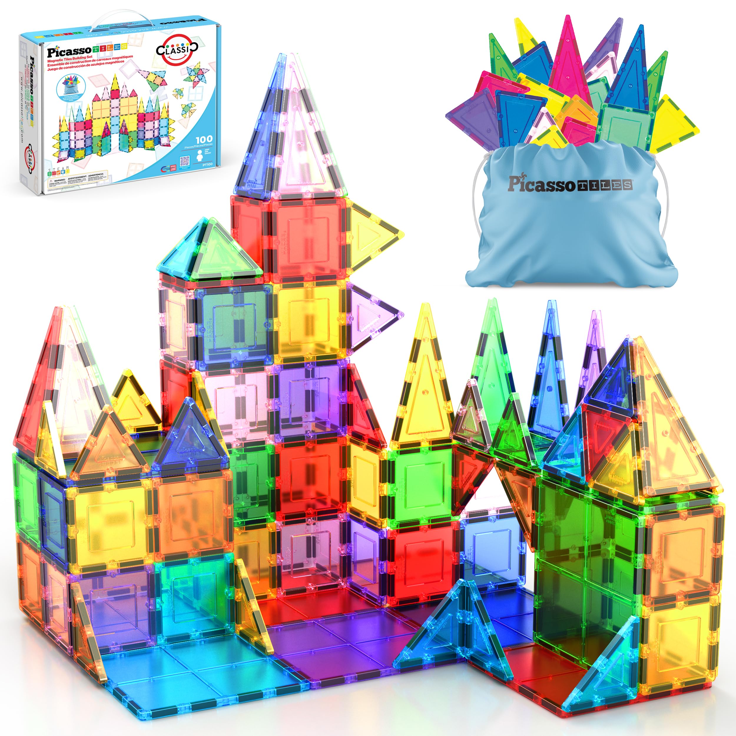 PicassoTiles 100 Piece Magnetic Tiles, Clear 3D Building Blocks for Kids 3+ | No