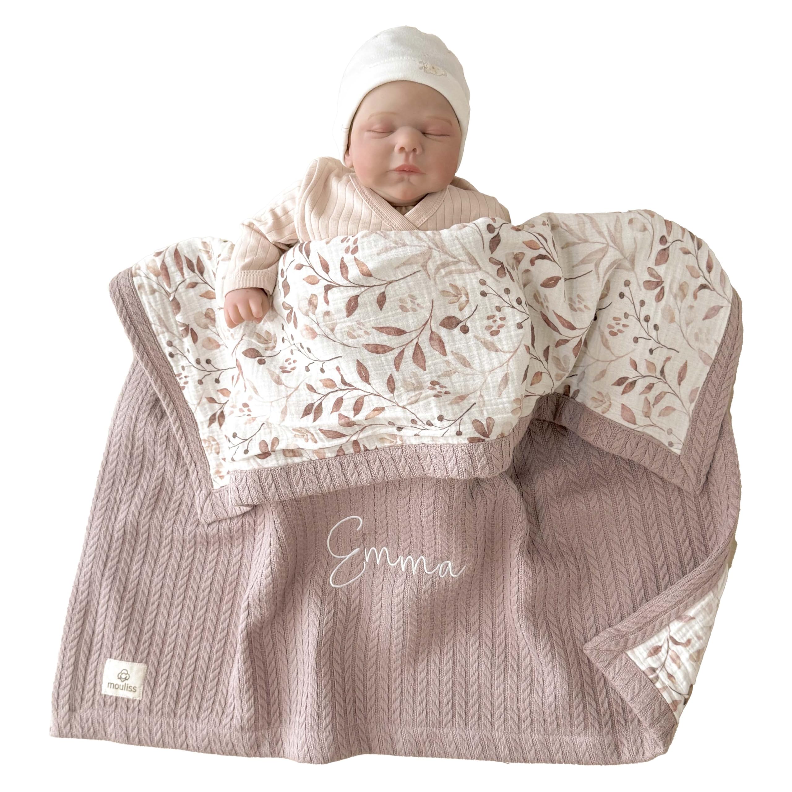 Mouliss Personalized Baby Blanket with Name – Handmade 100% Organic Cotton Newbo