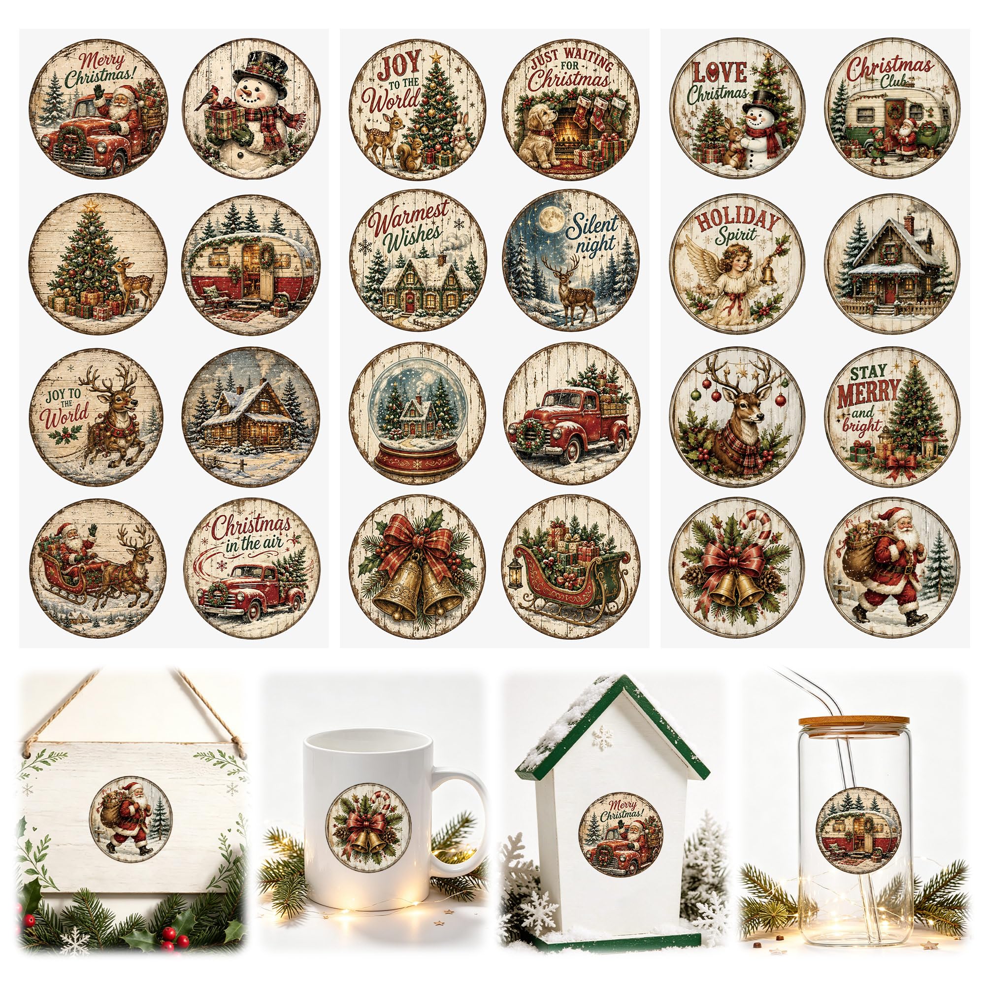 WANDIC 3 Sheets Rub on Transfer Sticker for Crafts, Vintage Wood Background Xmas