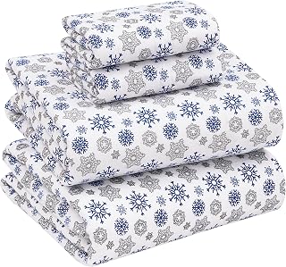 RUVANTI 100% Cotton, 4 Full Flannelette Sheets, Deep Pockets, Warm, Super Soft, Breathable, Breathable and Moisture Wicking, Fitted Sheet, 2 Pillow Cases - Snowflakes