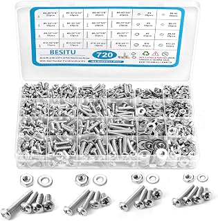 720Pcs Machine Screw Assortment Kit, #10-24#8-32#6-32#4-40 Phillips Pan Head Assorted Nuts Bolts and Flat Washers Kit, Stainless Steel Screws Hardware Assortment with Case
