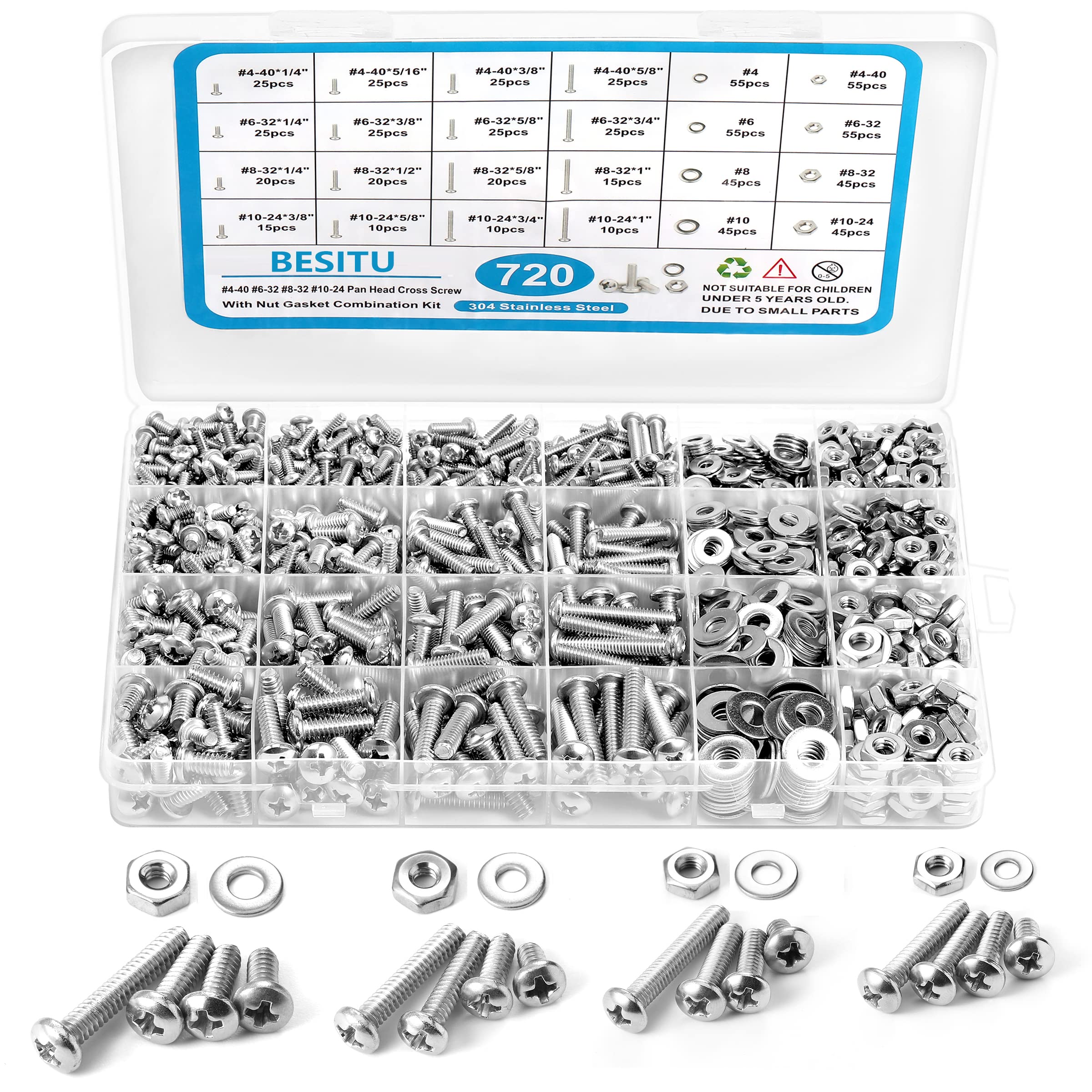 720Pcs Machine Screw Assortment Kit, #10-24#8-32#6-32#4-40 Phillips Pan Head Ass