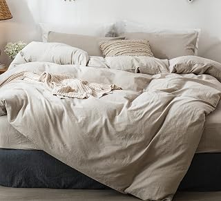 MOOMEE 100% Washed Cotton Duvet Cover Set, Linen Look Textured Bedding Set, Breathable Durable Soft & Comfortable (Heather Tanned, King, 104x90 Inch)