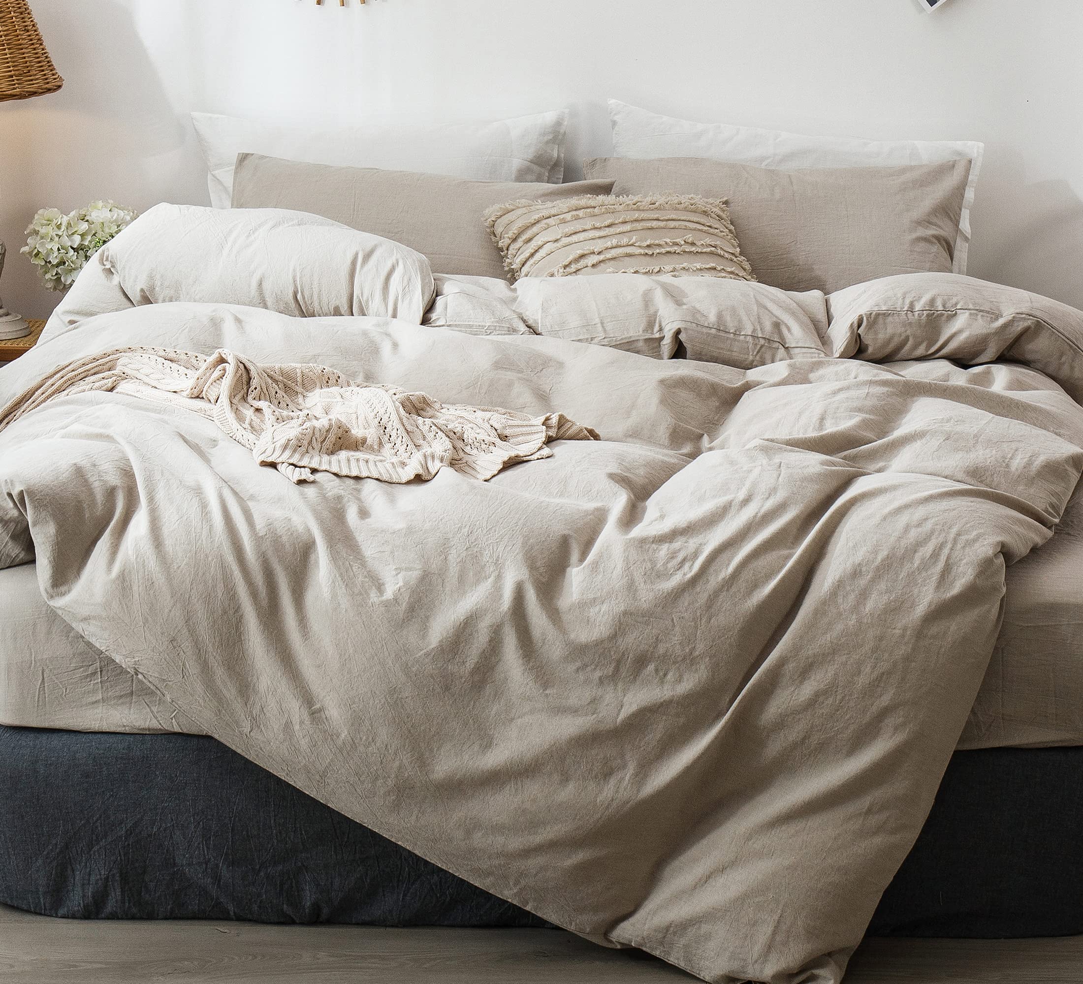 MOOMEE 100% Washed Cotton Duvet Cover Set, Linen Look Textured Bedding Set, Brea