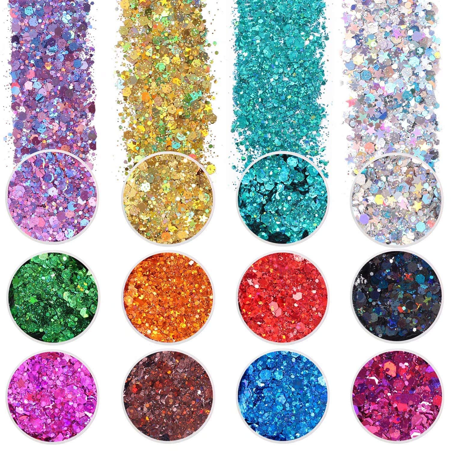 Holographic Chunky Glitter, Set of 12, Licool Craft Glitter for Resin Art Crafts