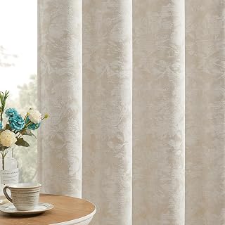 Beauoop Beige Floral Jacquard Blackout Curtains for Bedroom 52x84 2 Panels | Flower Chenille Room Darkening Drapes for Living Room 84 Inch Long Thermal Insulated Soundproof Window treatment Grommet