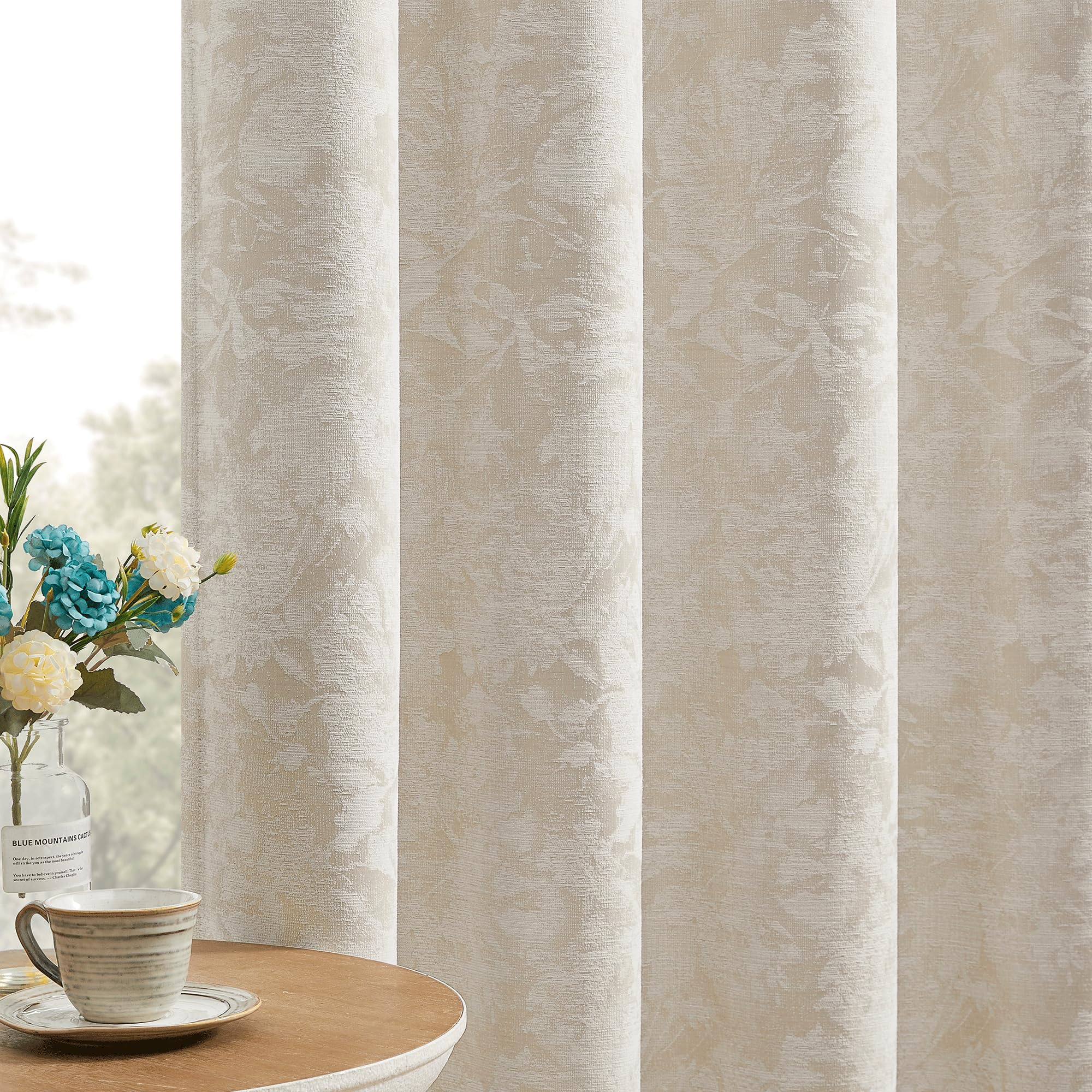 Beauoop Beige Floral Jacquard Blackout Curtains for Bedroom 52x84 2 Panels | Flo