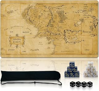Auralvia Ultimate TCG Battle Set: Stitched Playmat (24"x14") + 16 Dice + Carry Bag – 3-in-1 Non-Slip Rubber Commander Mat Compatible with MTG – Portable 2mm Fantasy Map Game Pad (MAP1, LOTR Series)
