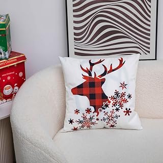 Christmas Pillow Cover Buffalo Plaid Reindeer Decorative Cushion Case Snowflake Design for Sofa Living Room Holiday Throw Pillow