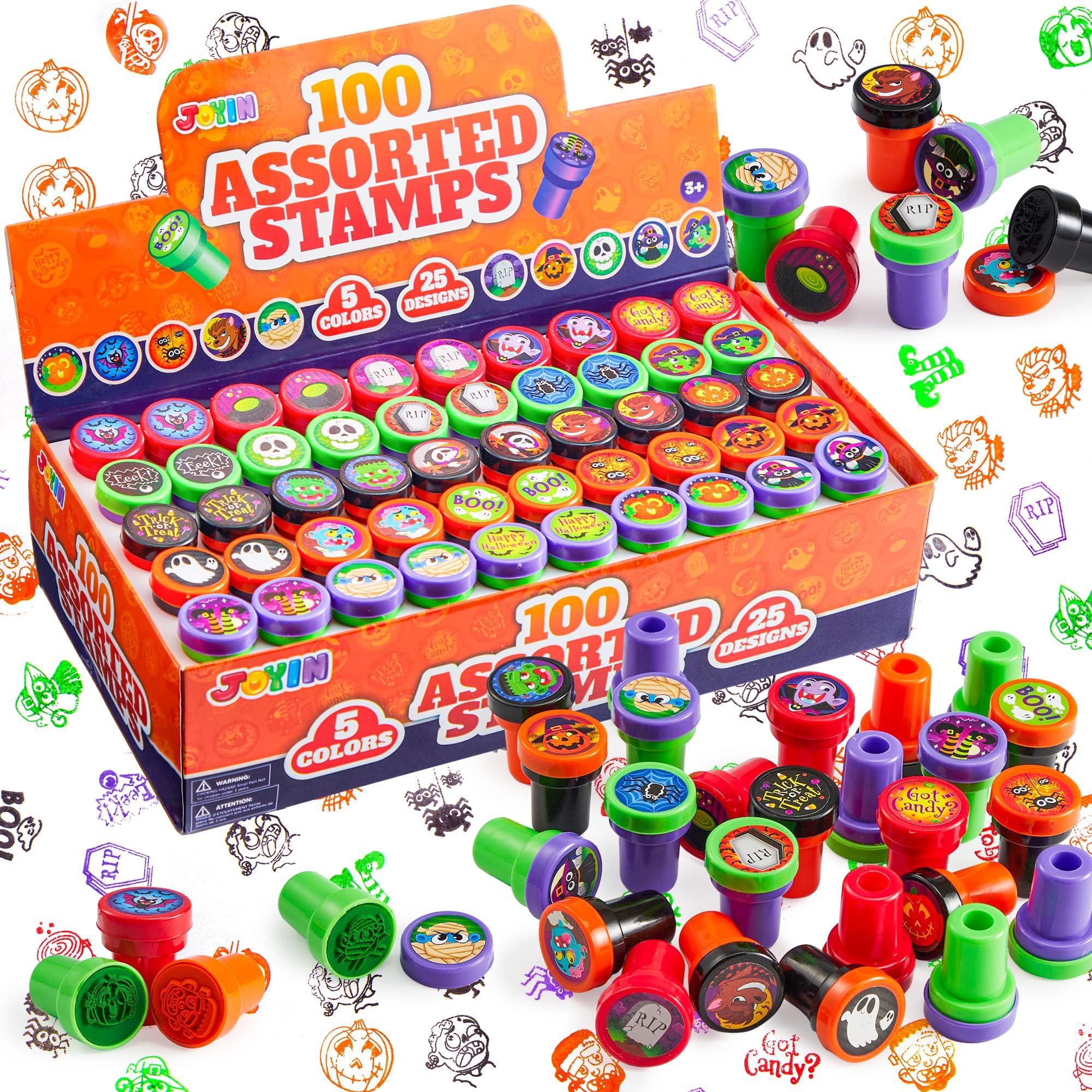 JOYIN 100 Pcs Halloween Stampers for Kids Gift, 25 Designs Assorted Plastic Stam