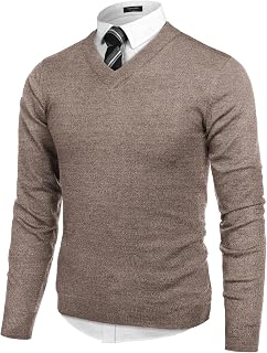 COOFANDY Suéter de manga larga con cuello en V para hombre, Blanco (White-Brown), XX-Large