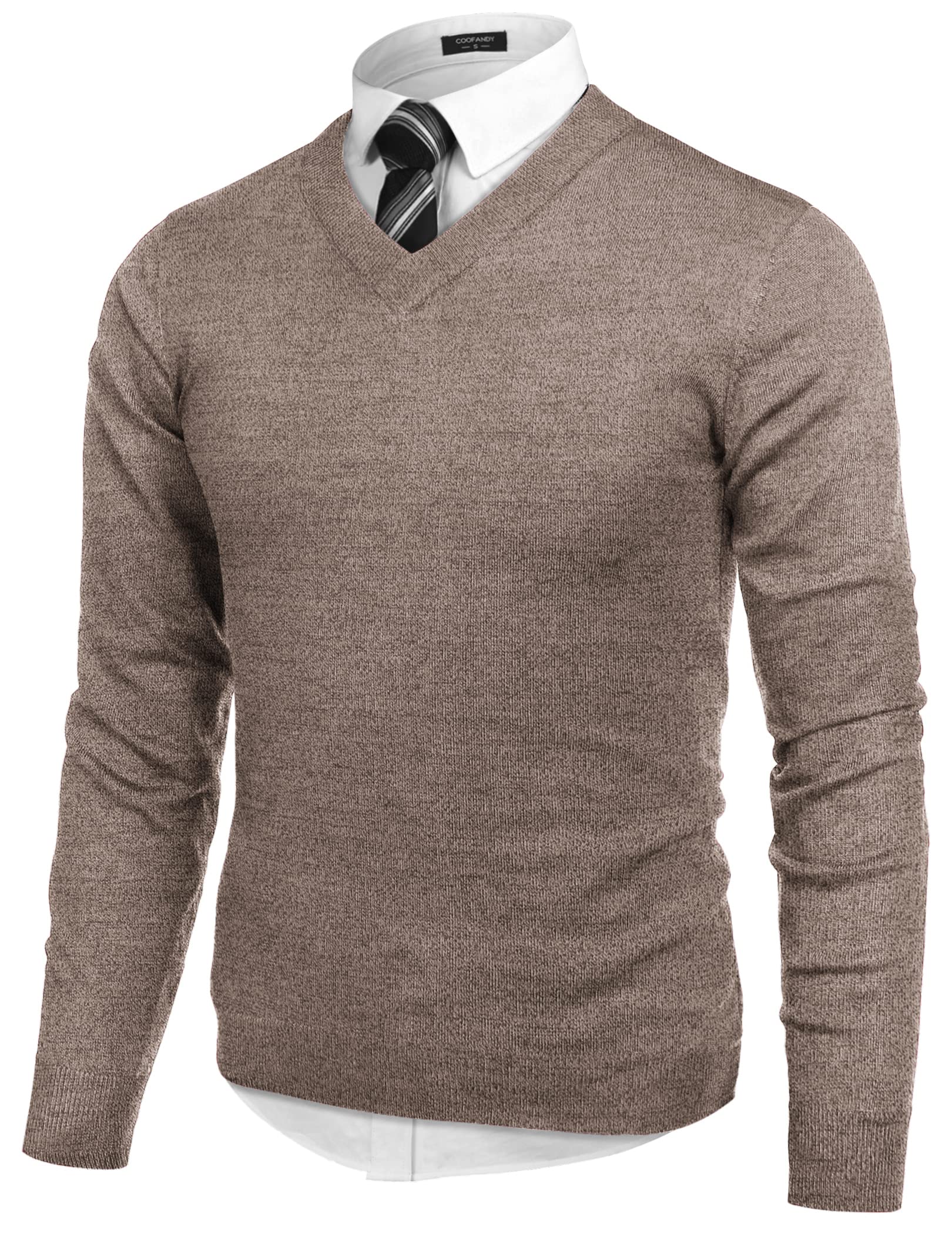 COOFANDY Suéter de manga larga con cuello en V para hombre, Blanco (White-Brown)