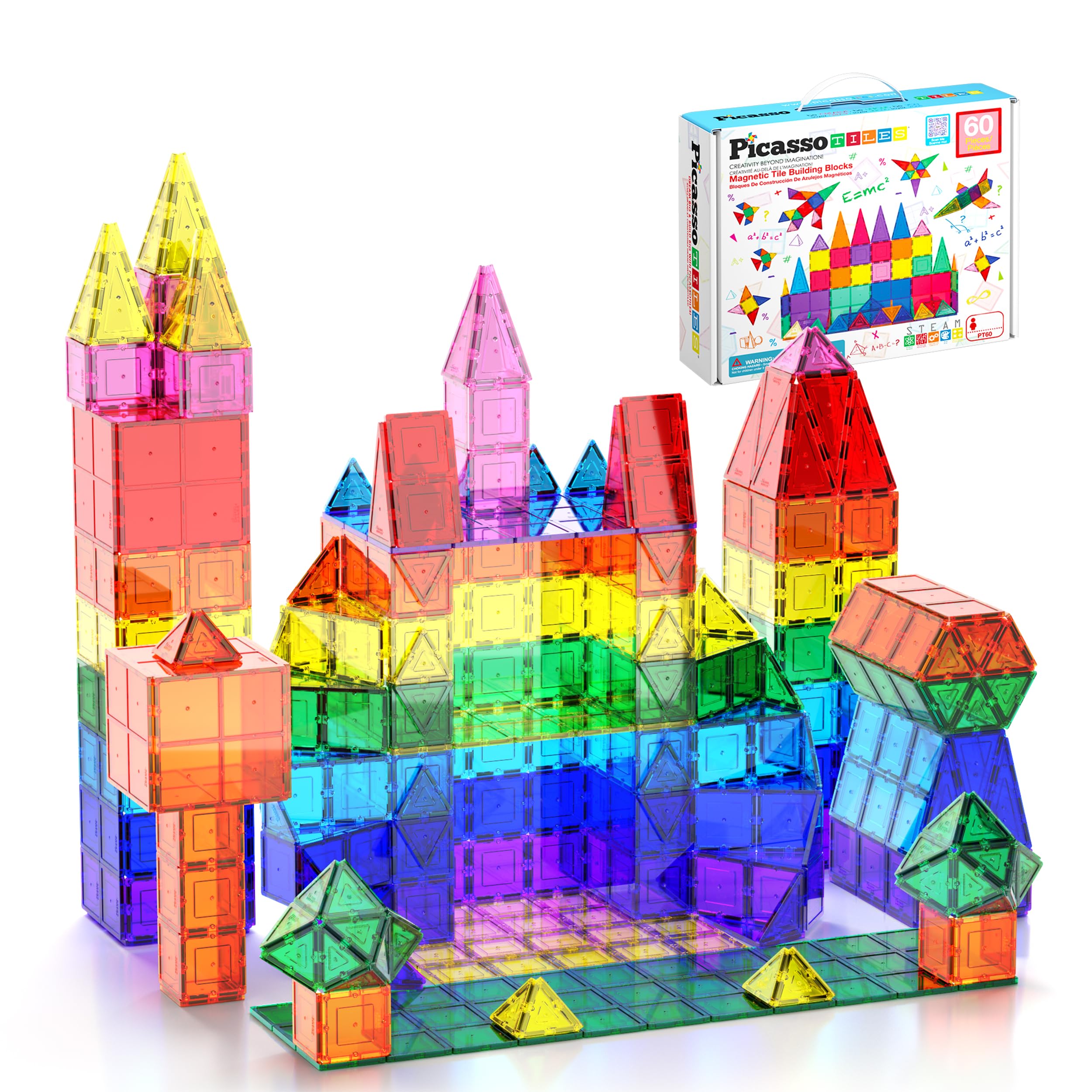 PicassoTiles 60 Piece Magnetic Tiles Clear 3D Building Blocks STEM Ages 3+ | Mon