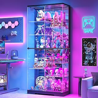 Lvifur 10-Tier Glass Display Cabinet with RGB Light and Motion Sensor,Black | 71''H Lockable Curio Cabinet with Glass Doors,China Cabinets with Removable Shelves for Collectibles,Lighted Showcase