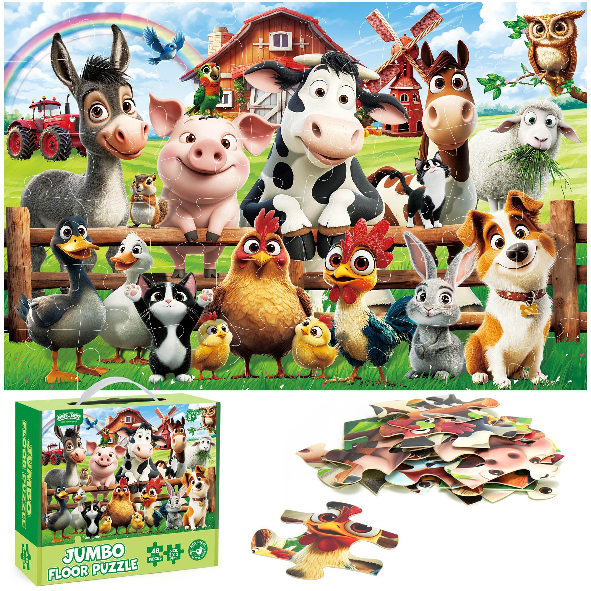 BenBen Floor Puzzles for Kids Ages 3-5, 48 Piece Jumbo Farm Animals Puzzles | 2 