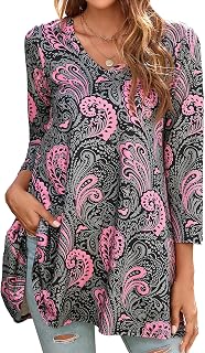 Enmain Women's Plus Size Long 3/4 Sleeve Blouse Women's Chic and Elegant Winter V-Neck Tunic Floral Paisley Swing Loose Blouse