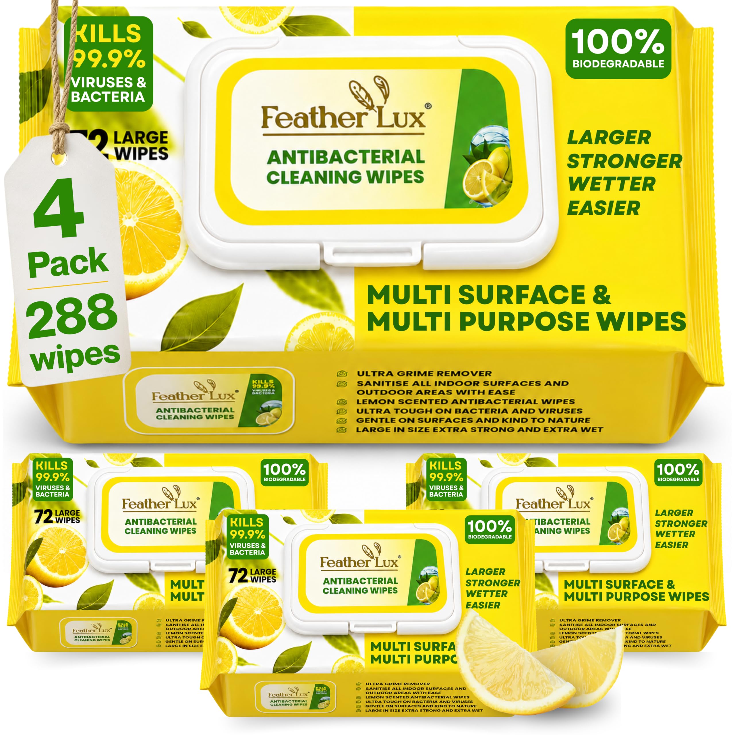 Antibacterial Wipes 04 Pack Lemon Scent - Multi Surface Cleaning Wipes