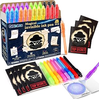 GIFTINBOX Invisible Ink Pens with UV light for Kids, Spy Pen Party Favors for Kids 8-12, 24Pack Invisible Ink Pen and Notebook, UV Pen for Secret Message Escape Room Birthday Party Favors for 4-8