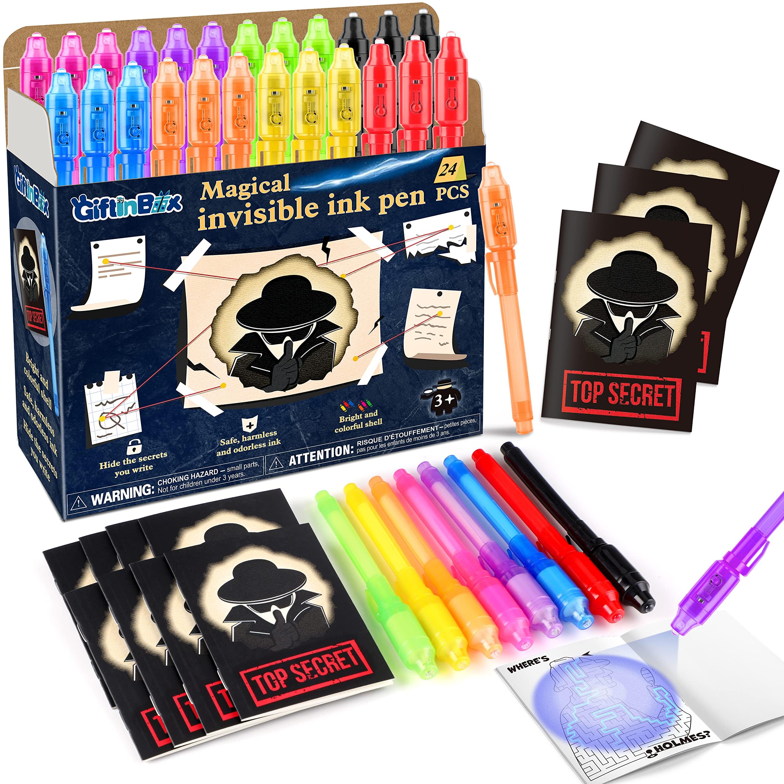 GIFTINBOX Invisible Ink Pens with UV light for Kids, Spy Pen Party Favors for Ki