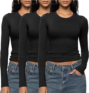ENERFUL Women's Long Sleeve Shirts Crew Neck Slim Fitted Going Out Crop Casual Tops Basic Tees