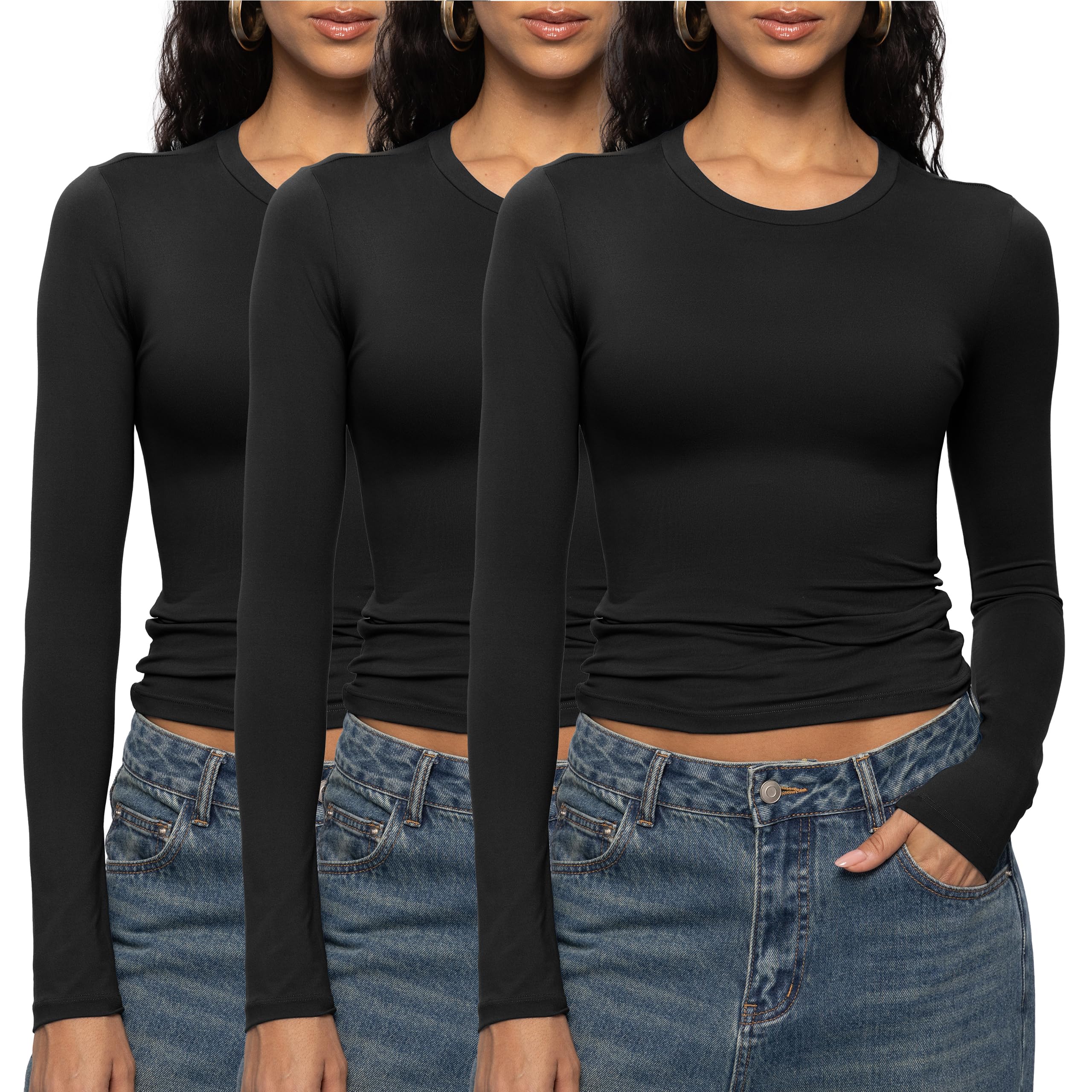 ENERFUL Women's Long Sleeve Shirts Crew Neck Slim Fitted Going Out Crop Casual T