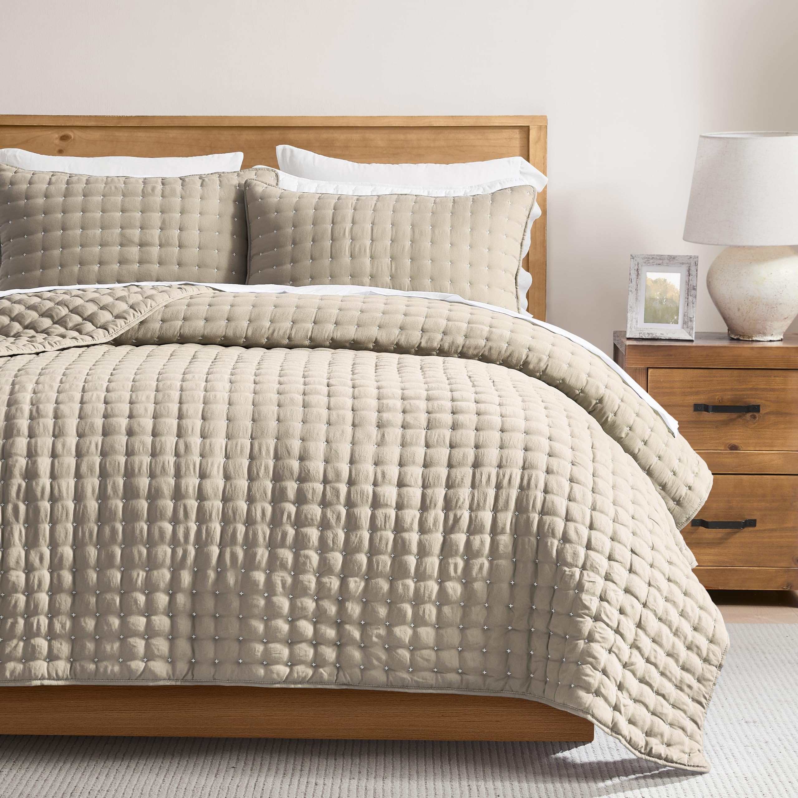 WDCOZY Cloud Soft Quilt Set, King Size, Beige, 3 Pieces 104x90 inches | Lightwei