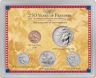 2025 Final Issue Last Lincoln Cent 1776-2026 USA 250th 5-coin gift set | 250 Years of Freedom: 2026 US Mint half dollar, quarter, dime, nickel, gold foil gift box, COA, greeting card and stand