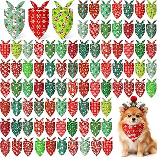 100 Pcs Christmas Dog Bandanas Bulk Red Green Santa Snowflake Pattern