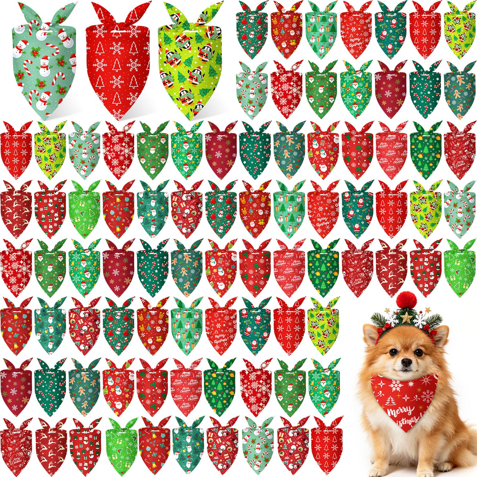 100 Pcs Christmas Dog Bandanas Bulk Red Green Santa Snowflake Pattern
