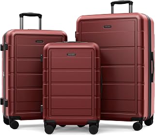 SHOWKOO Luggage Set 3 Piece Hardshell PC+ABS Expandable Suitcase, Wine Red