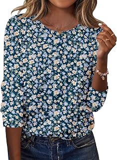 Zeagoo Camisetas de manga larga para mujer, para otoño, cuello redondo, blusas florales tipo túnica con decoración de botones