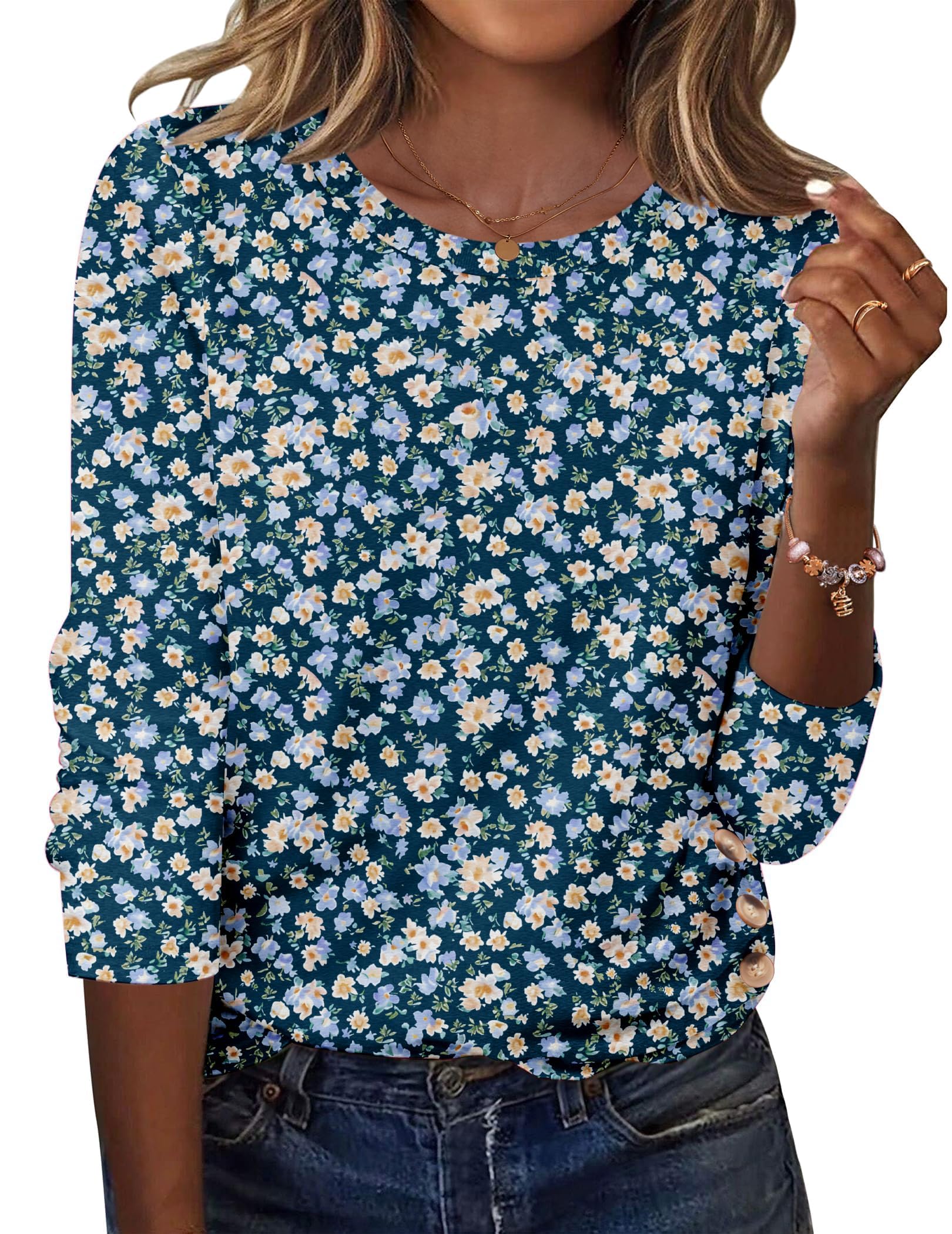 Zeagoo Camisetas de manga larga para mujer, para otoño, cuello redondo, blusas f