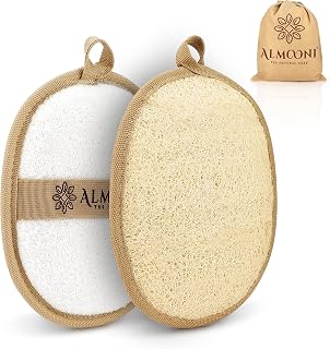 Almooni Natural Loofah Exfoliating Body Scrubber, Shower Sponge 2 Count | Natural Egyptian Loofah, Exfoliating Sponge for Face and Body, Bath Shower Loofah Sponge for Women and Men, 2 count pack