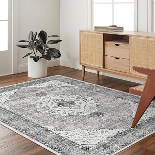 Deerly Vintage Floral Medallion Boho Oriental Non-Slip Low Pile Machine Washable Area Rug for Bedroom Dining Room Bathroom Office Laundry Room (Grey Navy, 4x6ft)