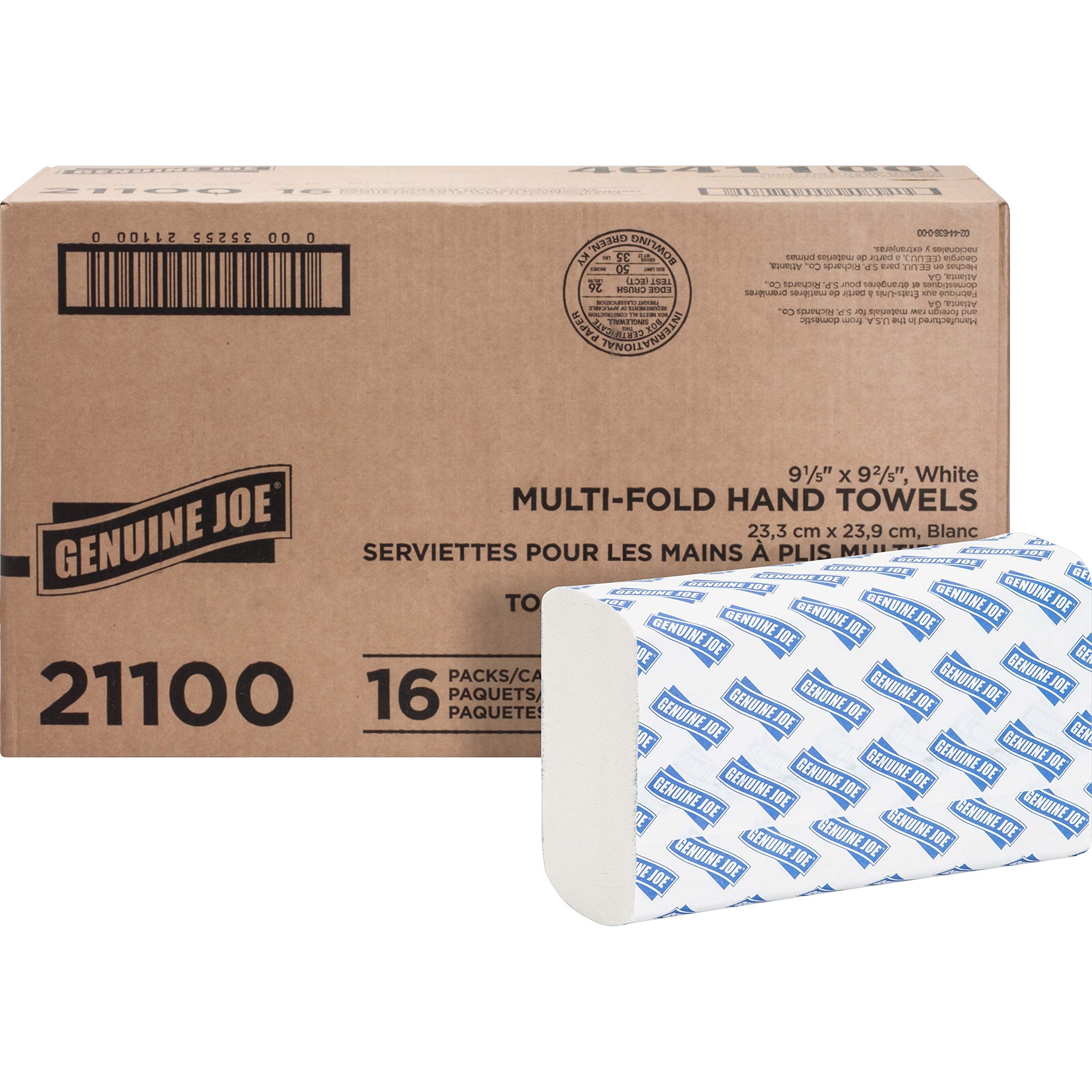 Genuine Joe Multifold Hand Towels, 9.25" x 9.40", 1-Ply, White, 250 Count (Pack 