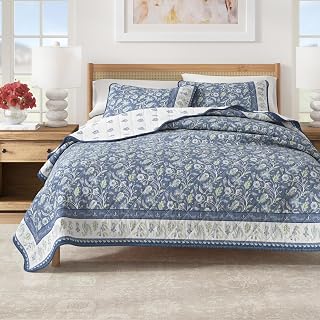 Great Bay Home Floral Cotton Quilt Set - 3-Piece Full/Queen Size Spring Boho Bedding Set - Lightweight, All-Season, Reversible Bedspread (Regal Garden - Blue)