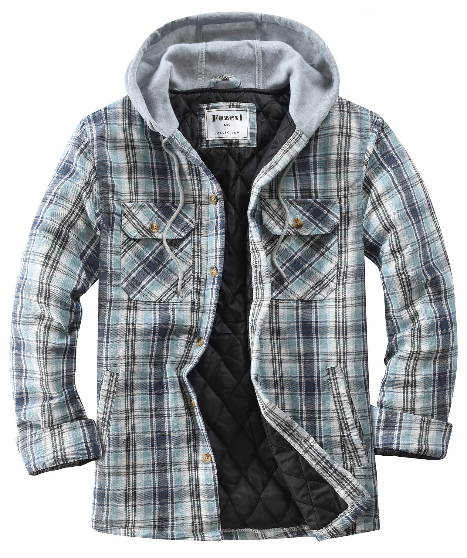 Mens Quilted Lined Lightweight Flannel Button Shirt Hooded Jacket