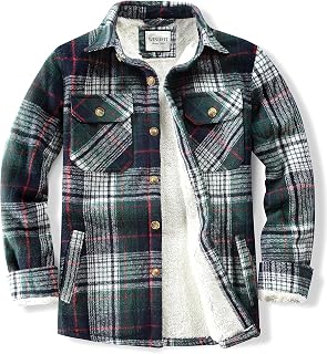 WINDFIT Men's Cotton Sherpa Button Down Flannel Shirt Jacket Plaid Shirt