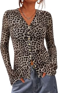 BTFBM Camicie con bottoni per le donne autunno moda 2025 scollo a V camicetta a maniche lunghe in rete increspata aderente con stampa floreale Boho Top