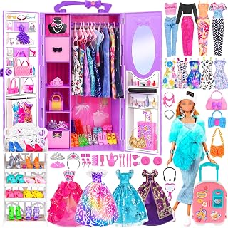 ebuddy 106 pcs Doll and Closet Playset Accessories for 6-12 Girls Including one Doll, Closet, Stylish Blue Set, Luggage, Outfits Etc