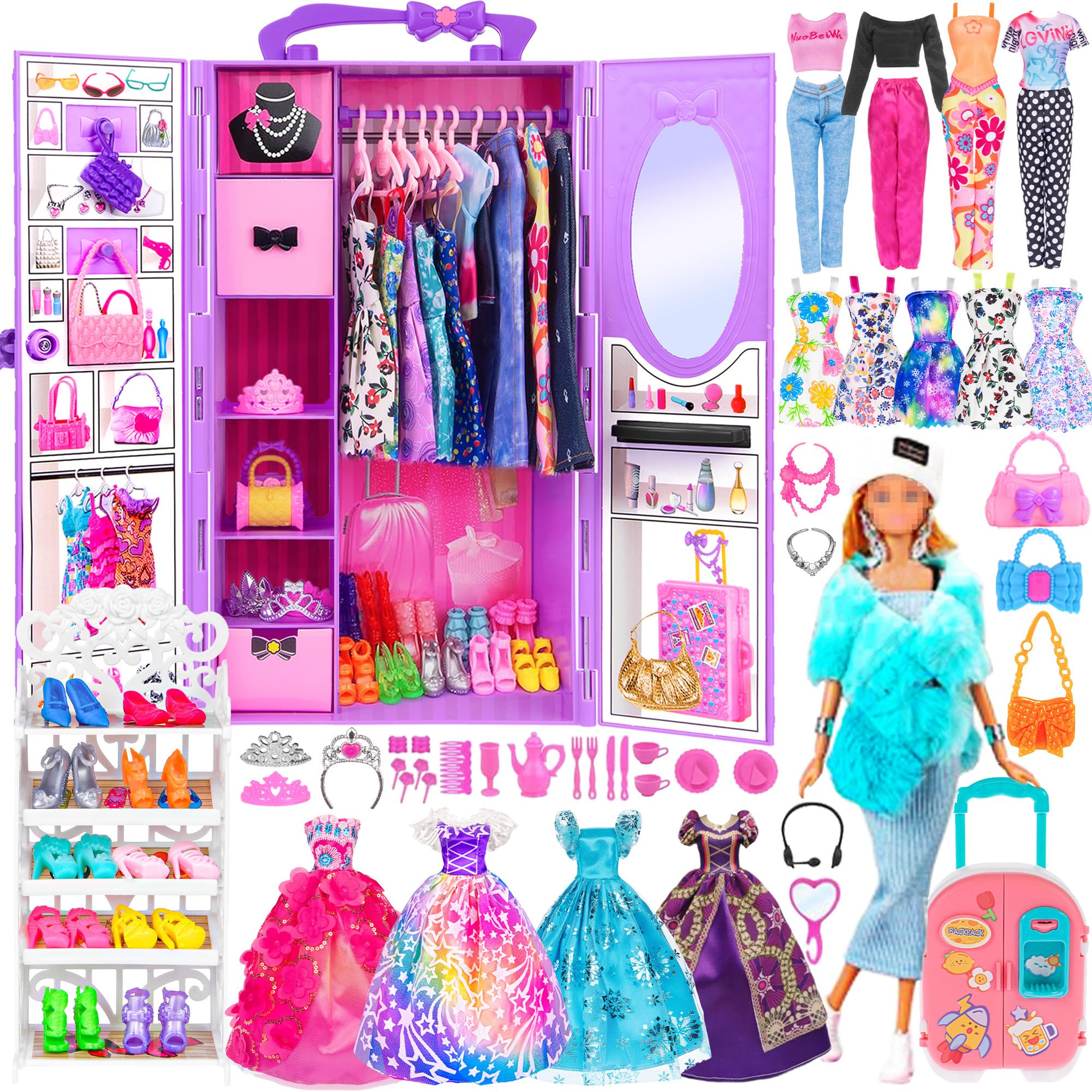 ebuddy 106 pcs Doll and Closet Playset Accessories for 6-12 Girls Including one 