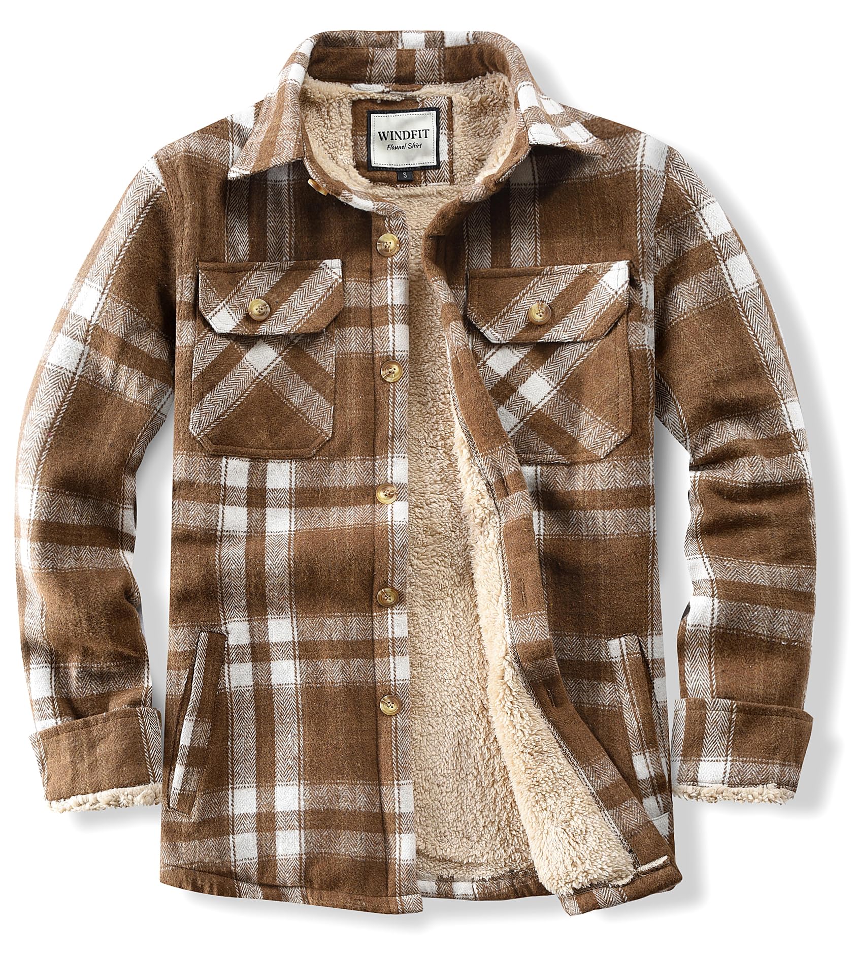 WINDFIT Men's Cotton Sherpa Button Down Flannel Shirt Jacket Plaid Shirt