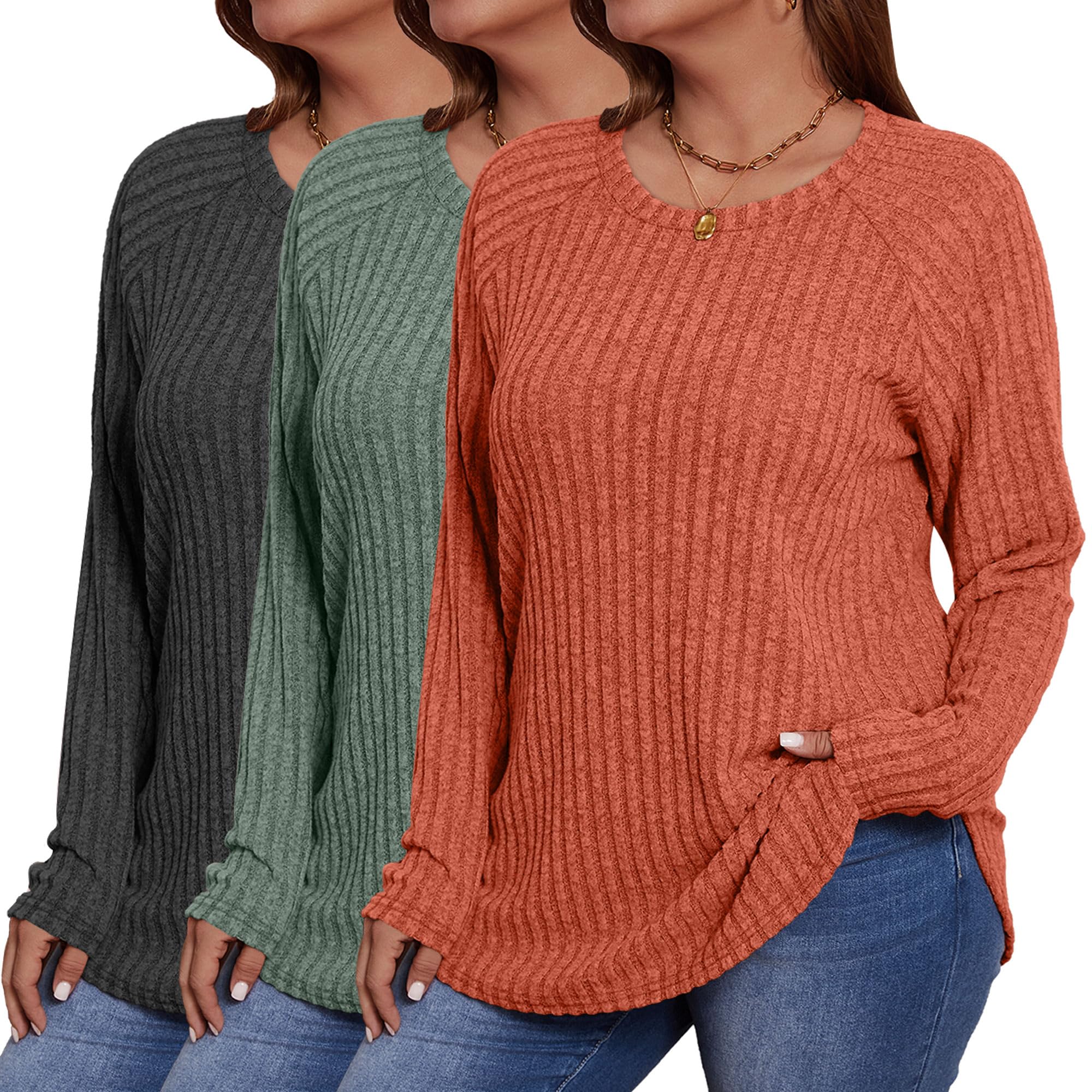 Ficerd 3 Pack Plus Size Tunics for Women, Women's Long Sleeve Sweaters with Curv