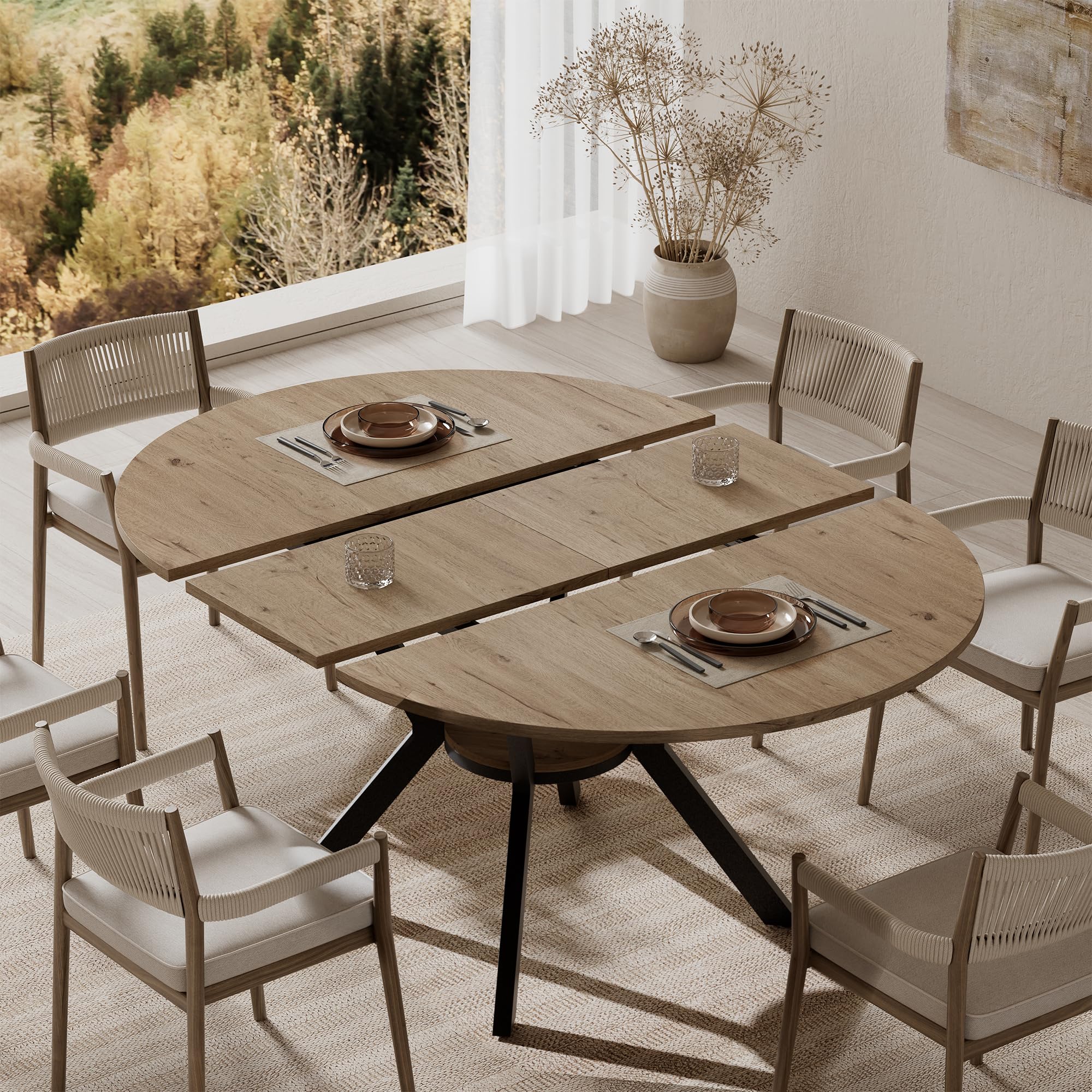 42"-58" Extendable Round Dining Table for 4-6, Kitchen Oval Table with Built-in 