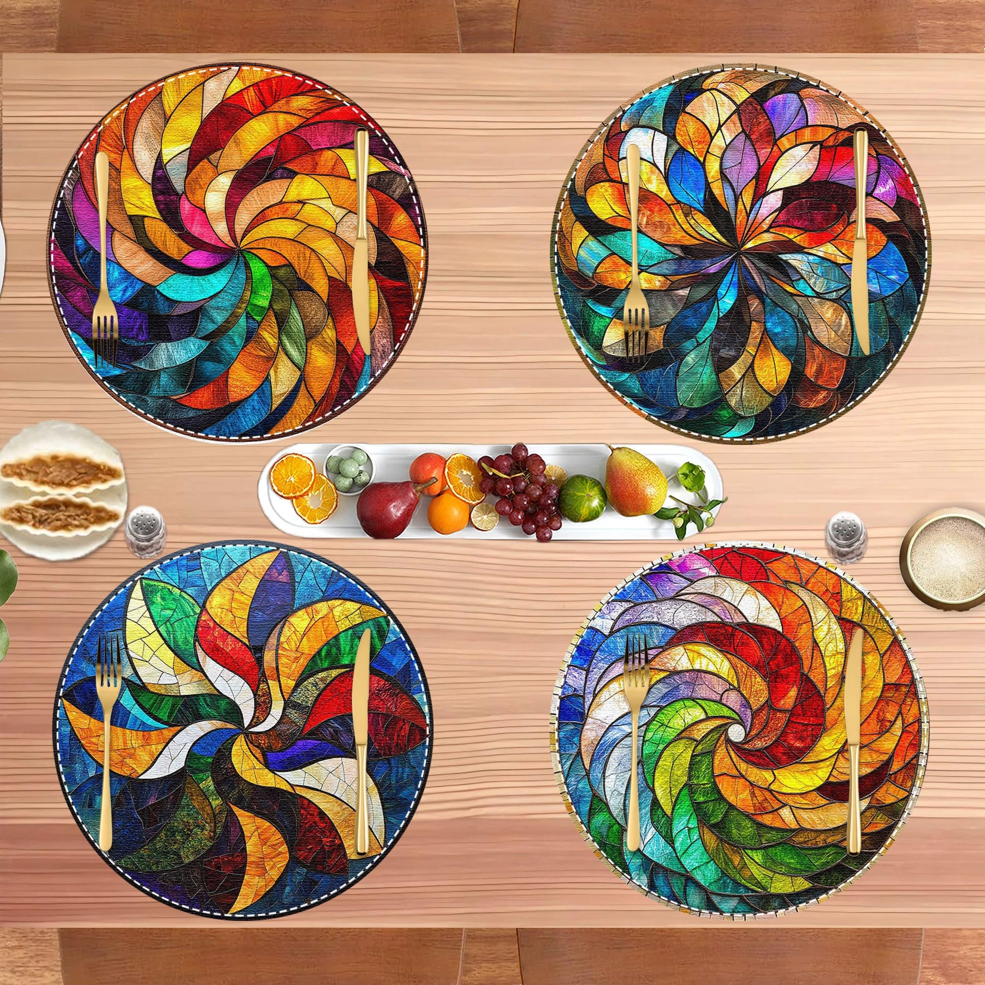 Set of 4 Round Woven Placemats Washable Thick Linen Fabric Placemats Color for D