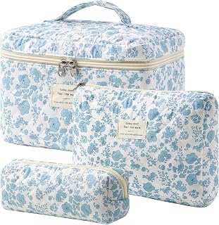 HBselect Quilted Makeup Bag, 3Pcs Cotton Large Travel Makeup Bags Organizer | Cute Floral Make up Bag Cosmetic Bag Toiletry Bag for Women Girls, Makeup Pouch for Skincare, Brushes &amp; Travel Essentials