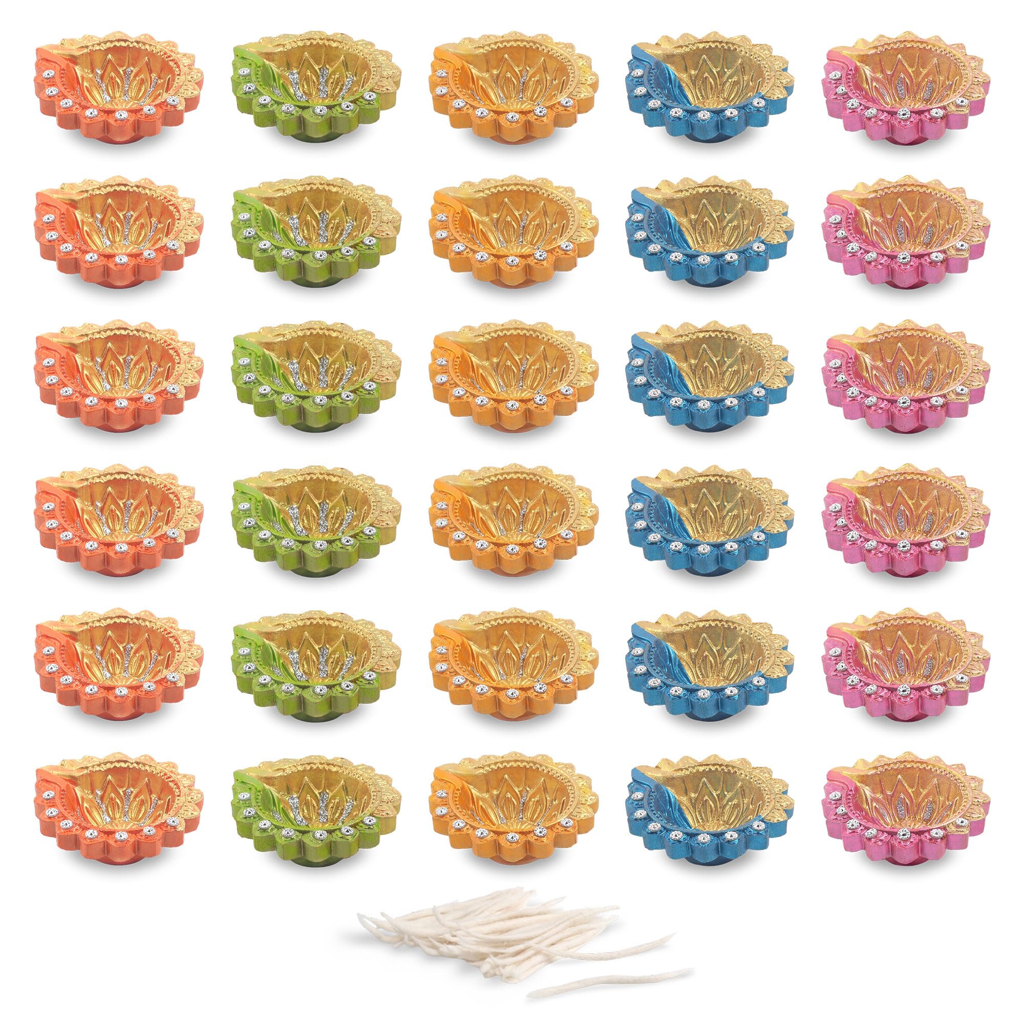 KSJONE Pack of 30 Diwali Decoration Handmade Colorful Earthen Diyas for Pooja Ha