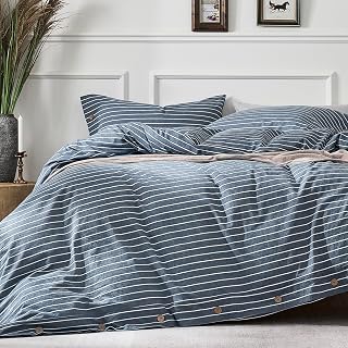 JELLYMONI 100% Washed Cotton Striped Duvet Cover Set Queen, Linen-Like | 100% Washed Cotton, Linen-Look Texture, Oeko-Tex Certified, 8 Corner Ties & Button, Multi-Scene Use